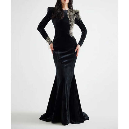 Long Black Beaded Dress Long Sleeve Satin Mermaid Ball Gown