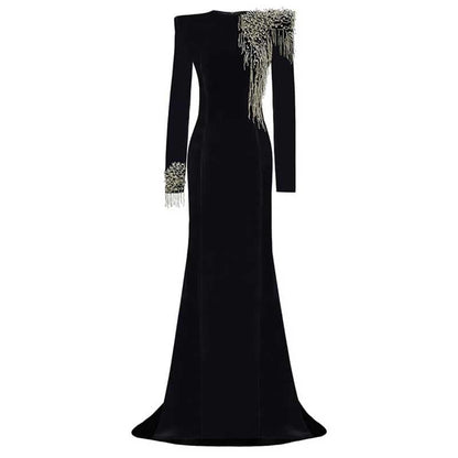Long Black Beaded Dress Long Sleeve Satin Mermaid Ball Gown