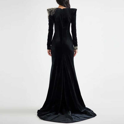 Long Black Beaded Dress Long Sleeve Satin Mermaid Ball Gown