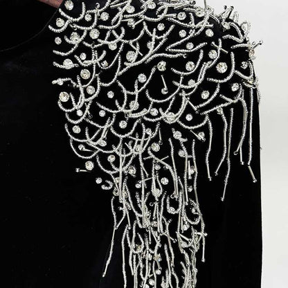 Long Black Beaded Dress Long Sleeve Satin Mermaid Ball Gown