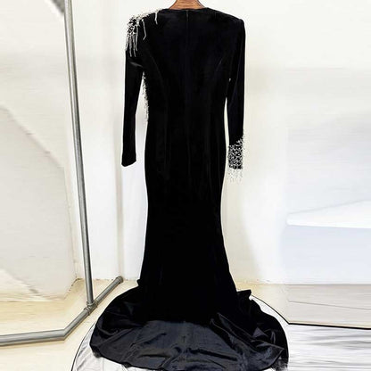 Long Black Beaded Dress Long Sleeve Satin Mermaid Ball Gown