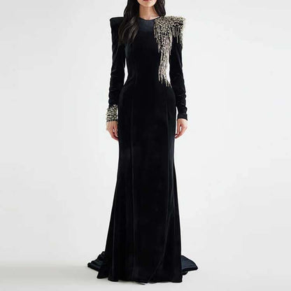 Long Black Beaded Dress Long Sleeve Satin Mermaid Ball Gown
