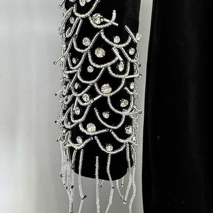 Long Black Beaded Dress Long Sleeve Satin Mermaid Ball Gown