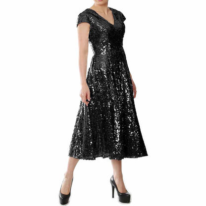 Elegant sequin mother of the bride dress in black with cap sleeves and a flattering fit-and-flare silhouette