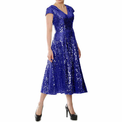 Elegant blue sequin mother of the bride dress with a flattering V-neck and cap sleeves