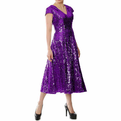 Elegant sequin mother of the bride dress in purple with a flattering V-neck and cap sleeves