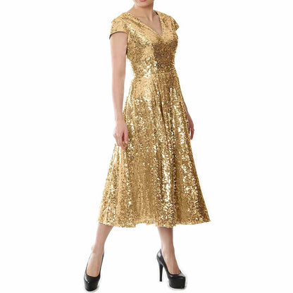 Elegant gold sequin mother of the bride dress with flattering V-neck and cap sleeves