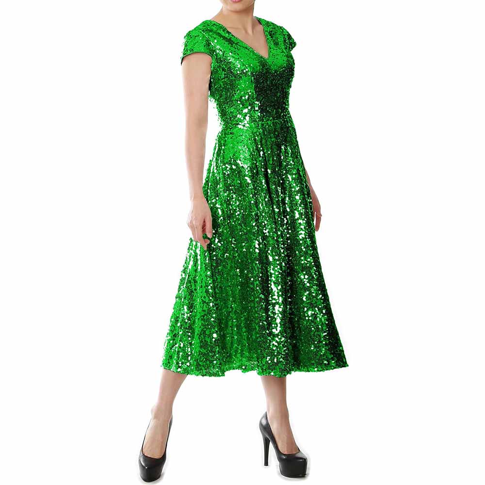 Elegant sequin mother of the bride dress in vibrant green with cap sleeves and a flattering silhouette