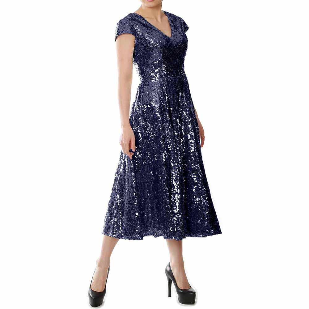 Elegant navy sequin mother of the bride dress with cap sleeves and flowing skirt by SD-HK