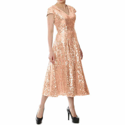 Elegant sequin mother of the bride dress in rose gold with cap sleeves and a flattering A-line silhouette