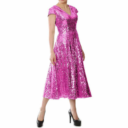 Elegant sequin mother of the bride dress in vibrant pink with a flattering V-neck and cap sleeves