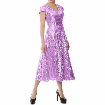 Lavender sequin mother of the bride dress with a flattering V-neck and cap sleeves