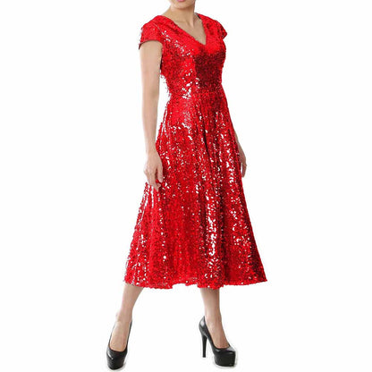 Stunning red sequin mother of the bride dress with a flattering V-neck and cap sleeves