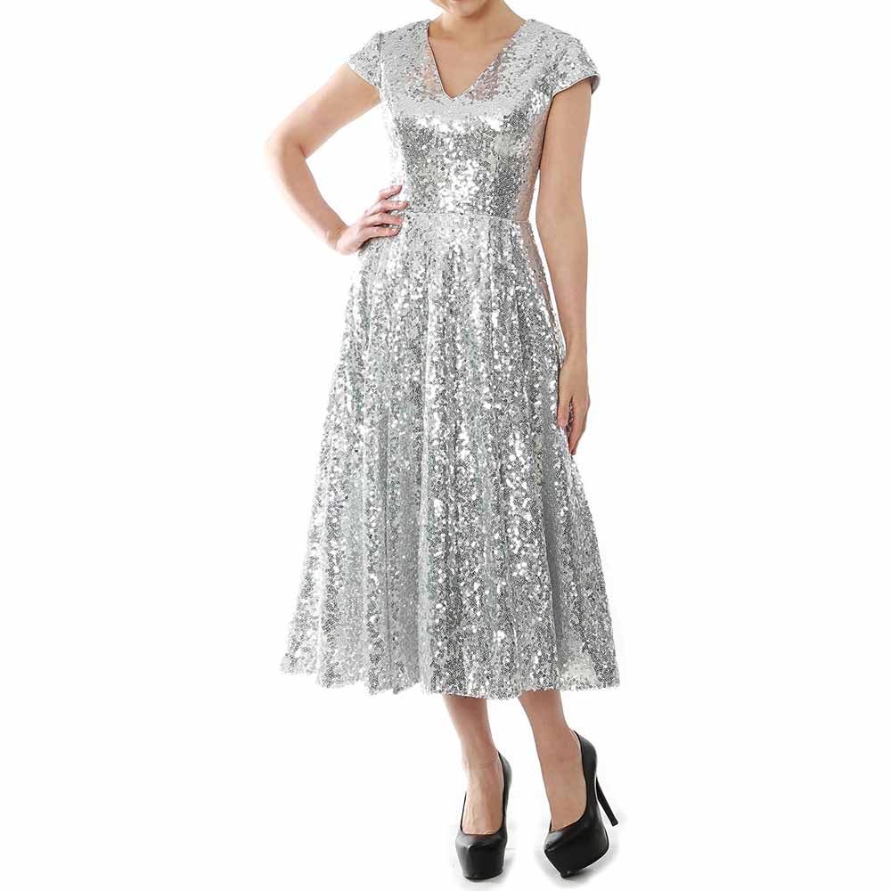 Elegant sequin mother of the bride dress in silver with cap sleeves and a flattering V neckline