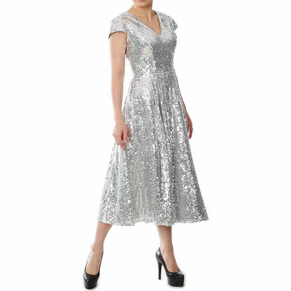 Elegant sequin mother of the bride dress in silver with cap sleeves and a flattering v-neck design