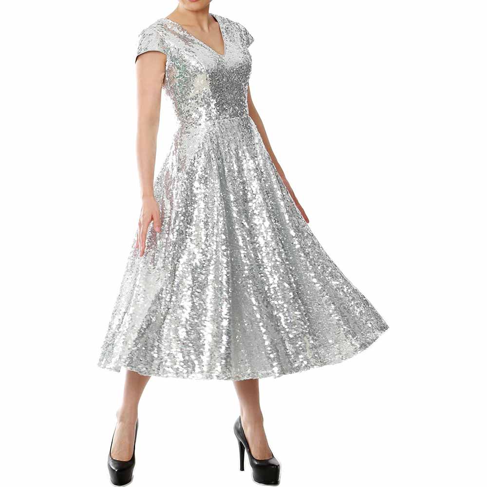 Elegant sequin mother of the bride dress in silver with cap sleeves and a flared skirt