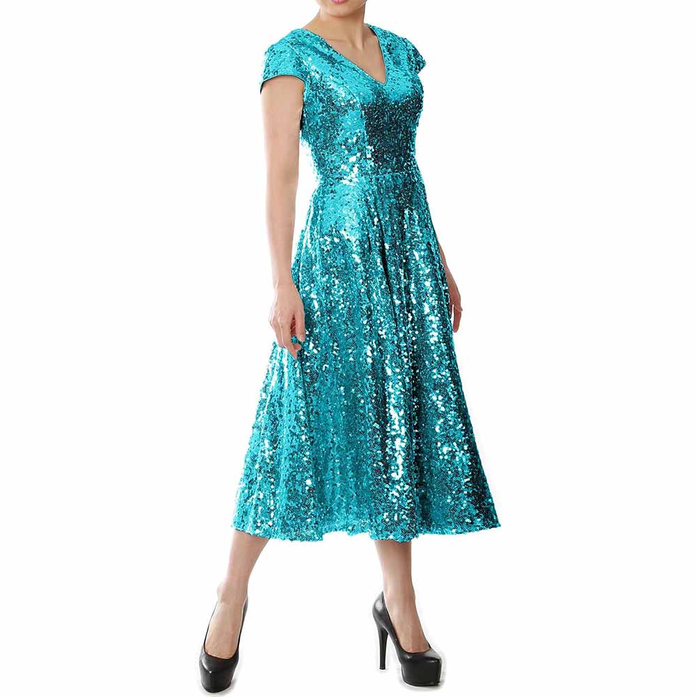 Turquoise sequin mother of the bride dress with cap sleeves and a flattering A-line silhouette