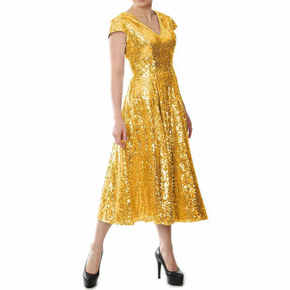 Stunning sequin mother of the bride dress in gold with a flattering V-neck and cap sleeves