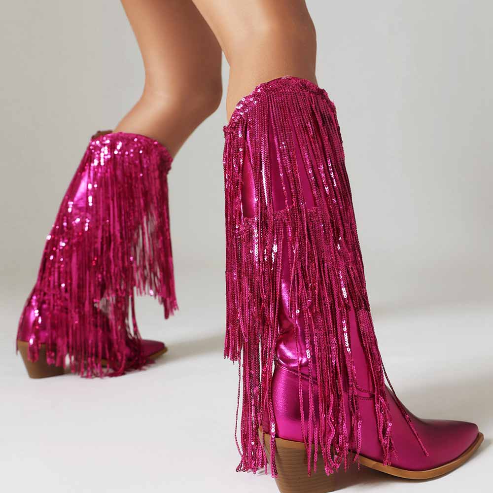 Metallic Boots Sexy Pointed Toe Block Heel with Sequin Tassels Knee Length Booties