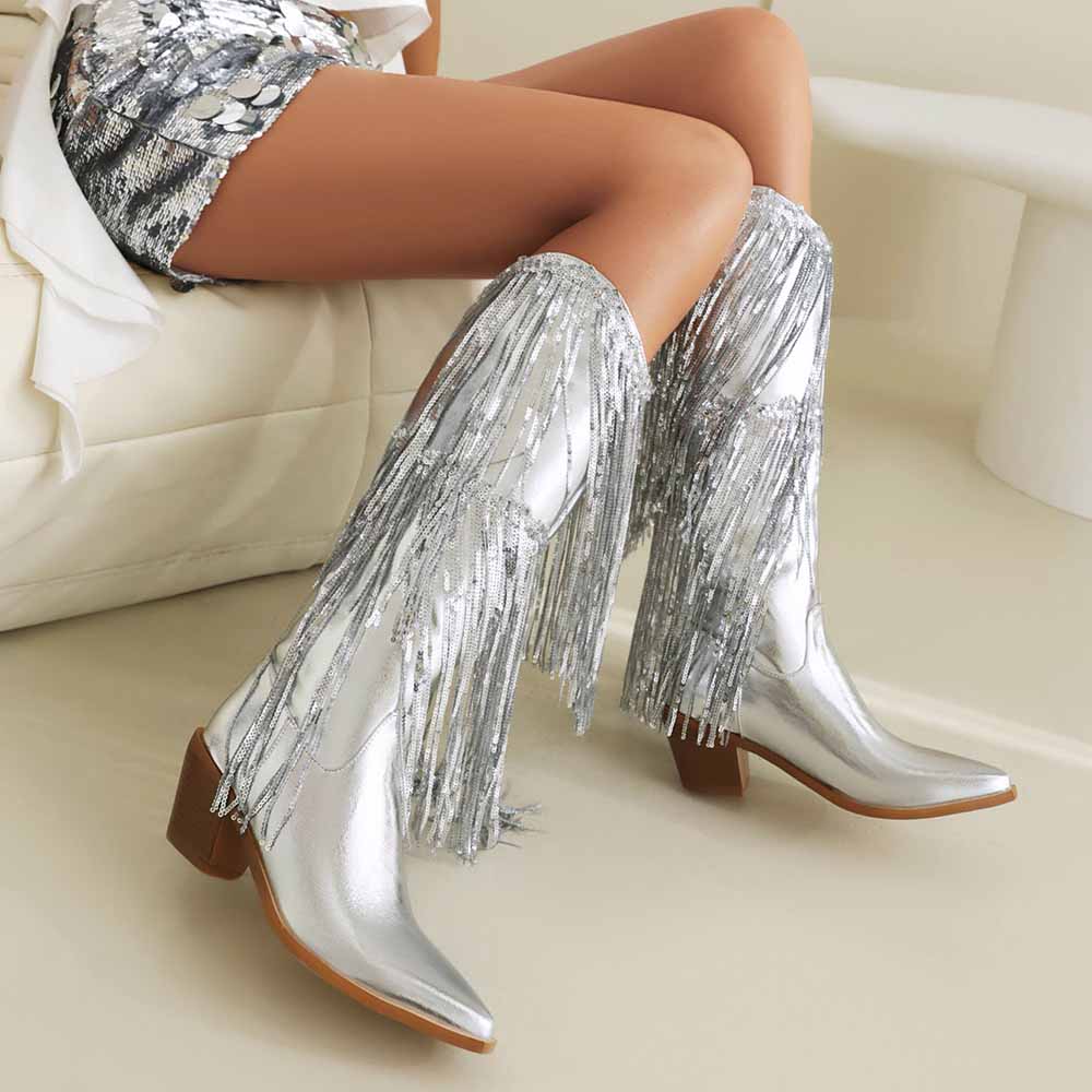 Metallic Boots Sexy Pointed Toe Block Heel with Sequin Tassels Knee Length Booties