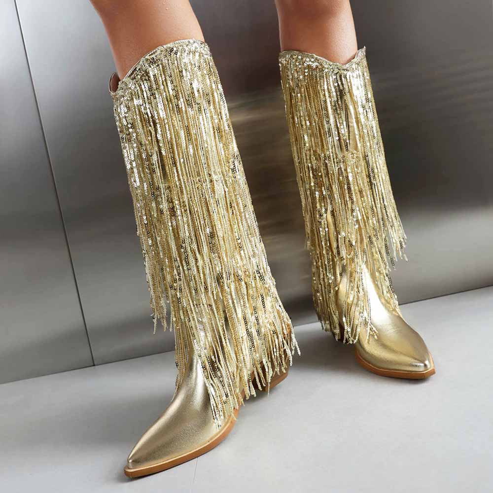 Metallic Boots Sexy Pointed Toe Block Heel with Sequin Tassels Knee Length Booties