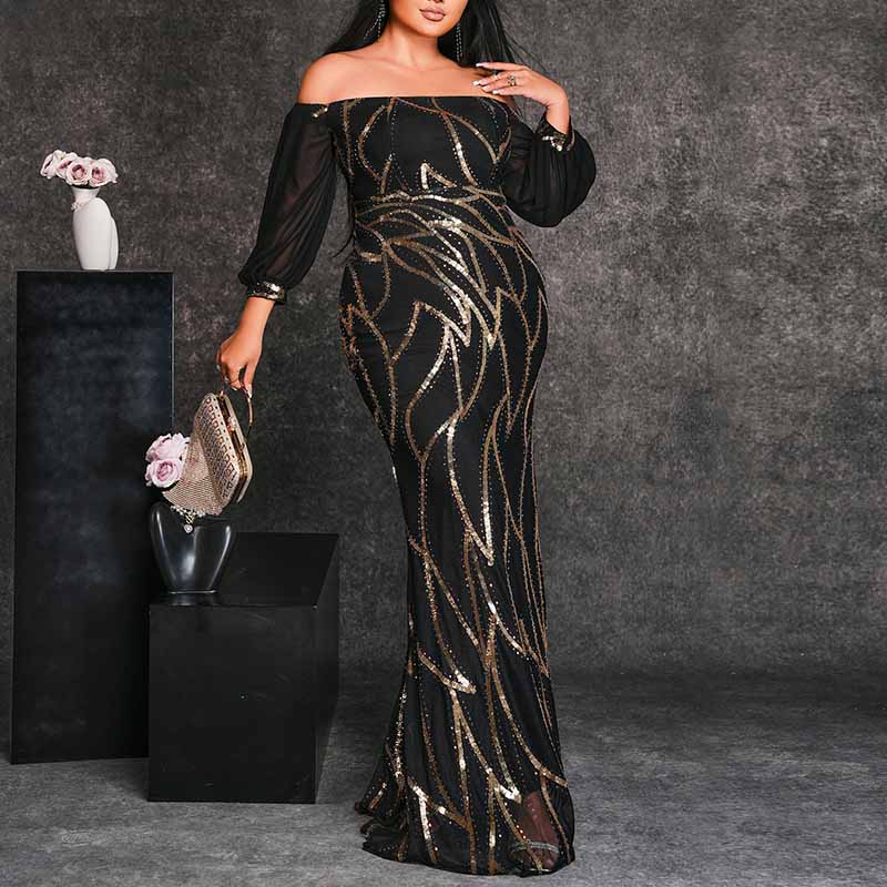 Plus Size Off The Shoulder Maxi Dress Sequin Prom Dress Event Dress