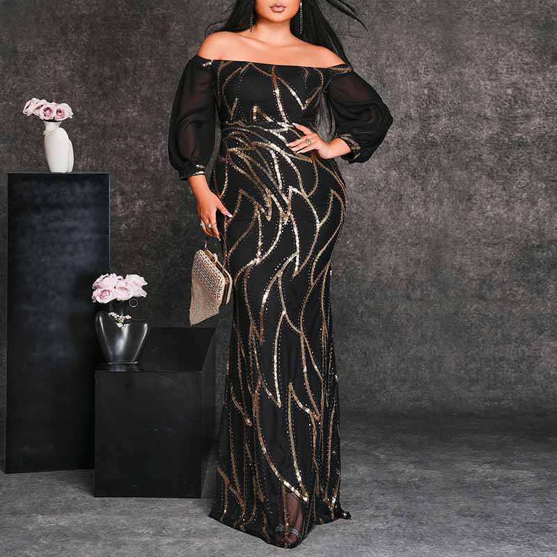 Plus Size Off The Shoulder Maxi Dress Sequin Prom Dress Event Dress