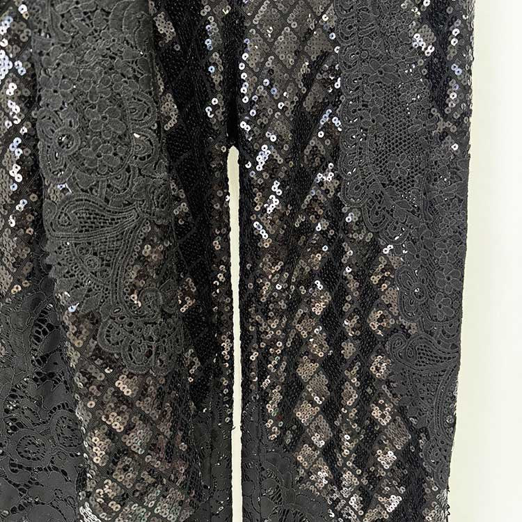 Women's Black Sequin Blazer and Wide Leg Pants Set - Sparkly Formal Suit