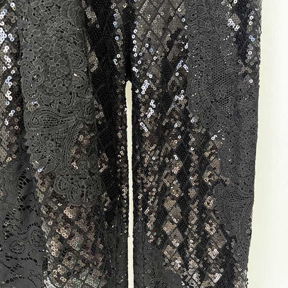 Women's Black Sequin Blazer and Wide Leg Pants Set - Sparkly Formal Suit