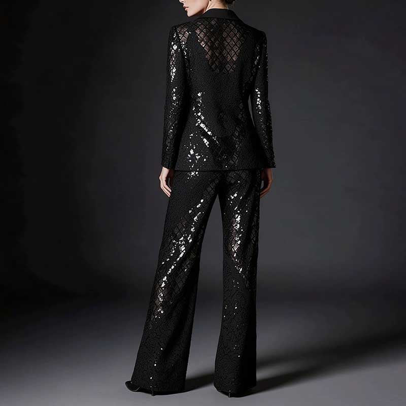 Women's Black Sequin Blazer and Wide Leg Pants Set - Sparkly Formal Suit