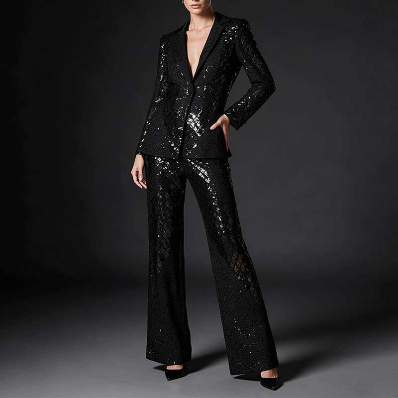Women's Black Sequin Blazer and Wide Leg Pants Set - Sparkly Formal Suit