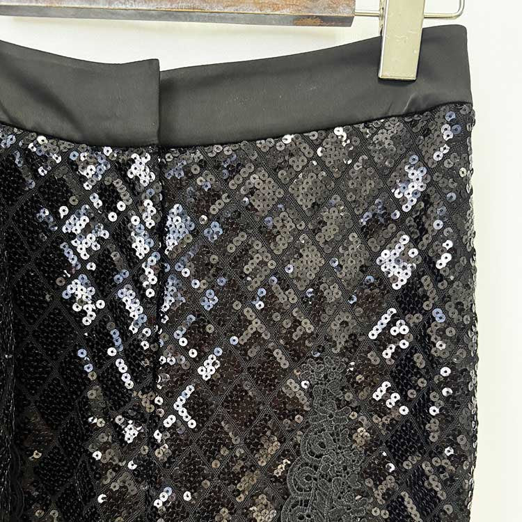 Women's Black Sequin Blazer and Wide Leg Pants Set - Sparkly Formal Suit