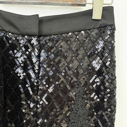Women's Black Sequin Blazer and Wide Leg Pants Set - Sparkly Formal Suit