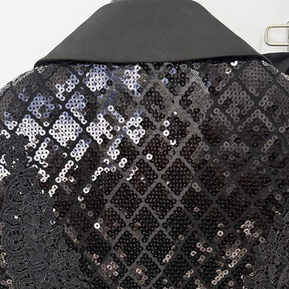 Women's Black Sequin Blazer and Wide Leg Pants Set - Sparkly Formal Suit