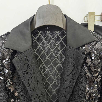 Women's Black Sequin Blazer and Wide Leg Pants Set - Sparkly Formal Suit