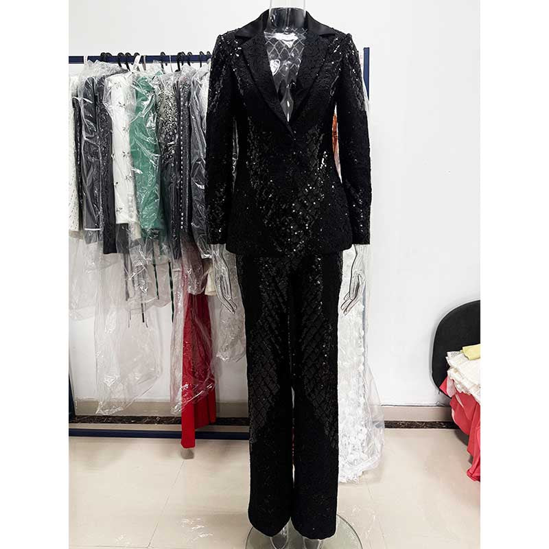 Women's Black Sequin Blazer and Wide Leg Pants Set - Sparkly Formal Suit