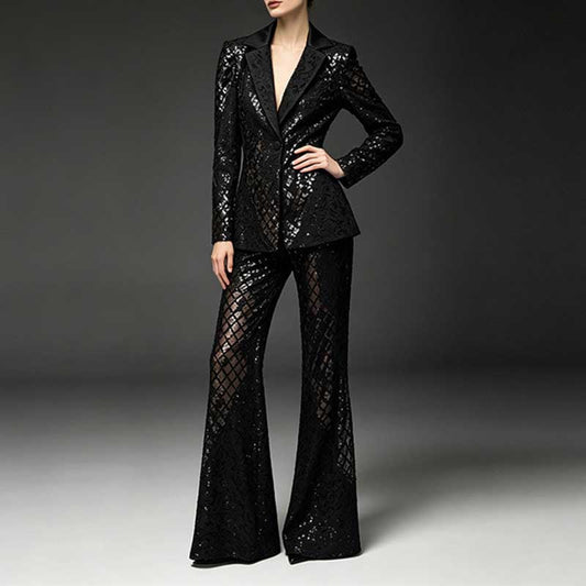 Women's Black Sequin Blazer and Wide Leg Pants Set - Sparkly Formal Suit