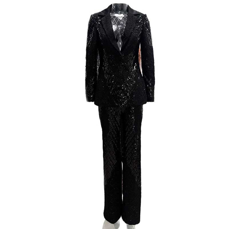 Women's Black Sequin Blazer and Wide Leg Pants Set - Sparkly Formal Suit