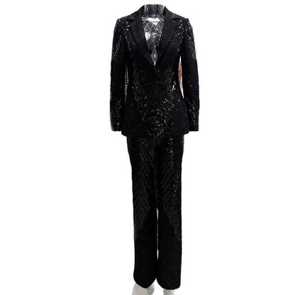 Women's Black Sequin Blazer and Wide Leg Pants Set - Sparkly Formal Suit