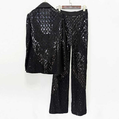 Women's Black Sequin Blazer and Wide Leg Pants Set - Sparkly Formal Suit