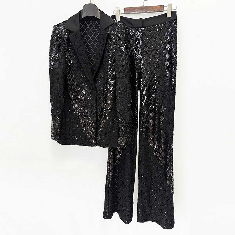 Women's Black Sequin Blazer and Wide Leg Pants Set - Sparkly Formal Suit