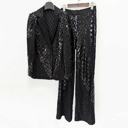 Women's Black Sequin Blazer and Wide Leg Pants Set - Sparkly Formal Suit