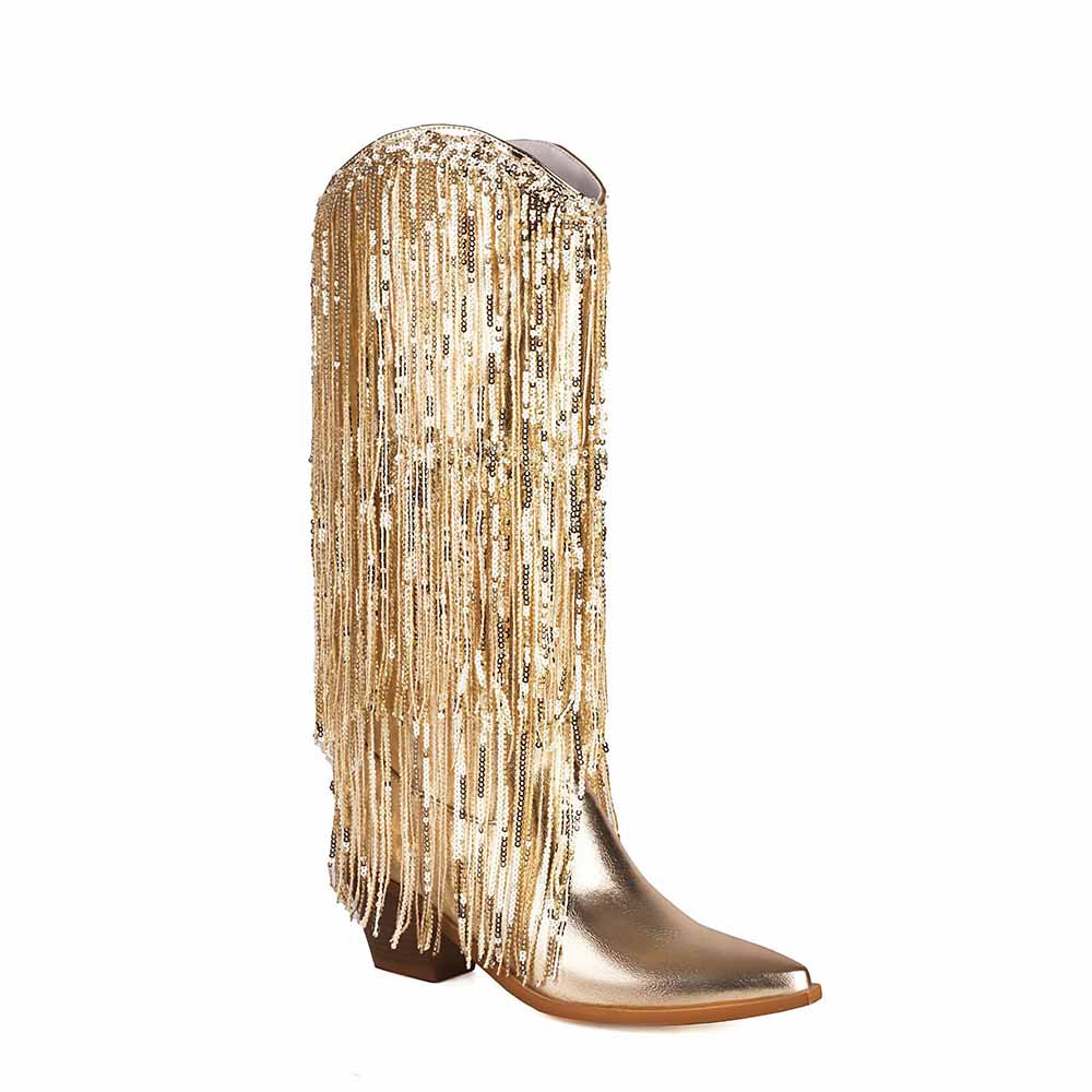 Metallic Boots Sexy Pointed Toe Block Heel with Sequin Tassels Knee Length Booties