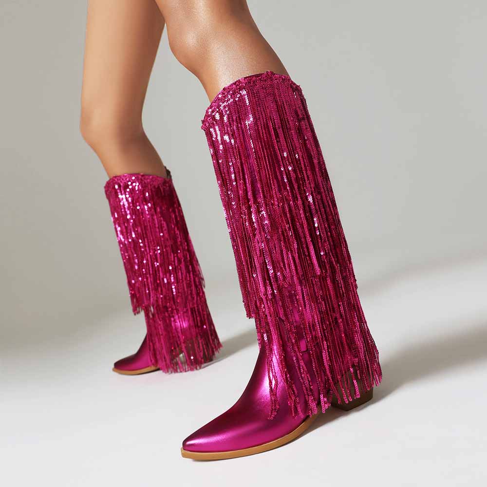 Metallic Boots Sexy Pointed Toe Block Heel with Sequin Tassels Knee Length Booties