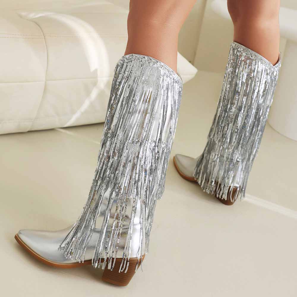 Metallic Boots Sexy Pointed Toe Block Heel with Sequin Tassels Knee Length Booties