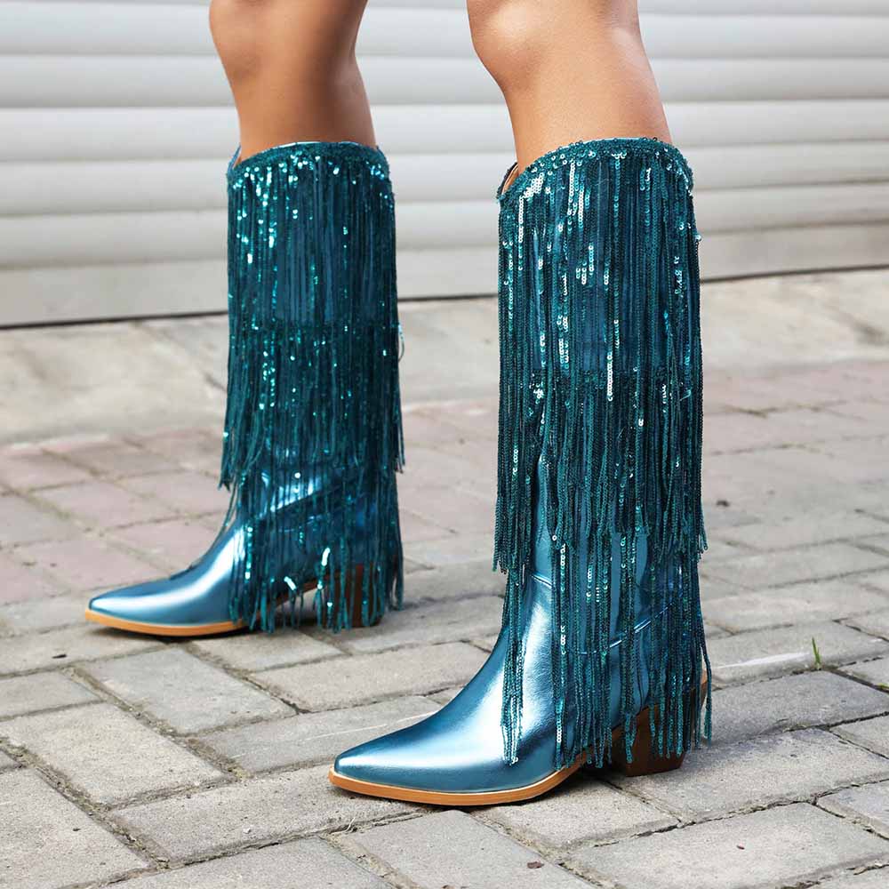 Metallic Boots Sexy Pointed Toe Block Heel with Sequin Tassels Knee Length Booties