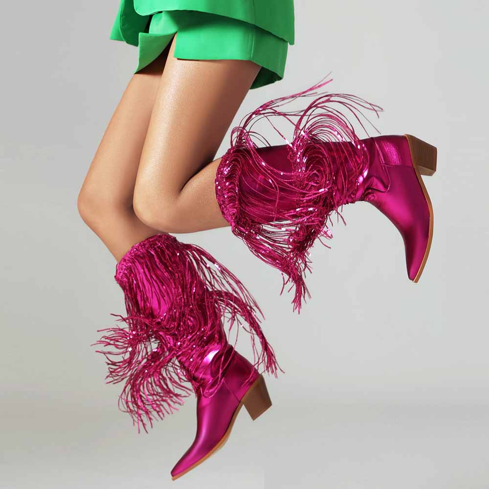 Metallic Boots Sexy Pointed Toe Block Heel with Sequin Tassels Knee Length Booties