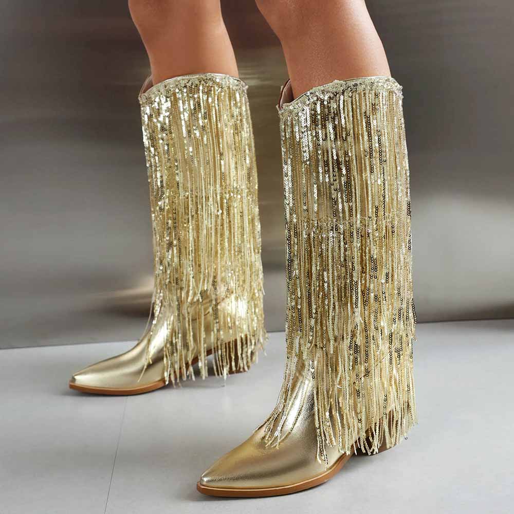 Metallic Boots Sexy Pointed Toe Block Heel with Sequin Tassels Knee Length Booties