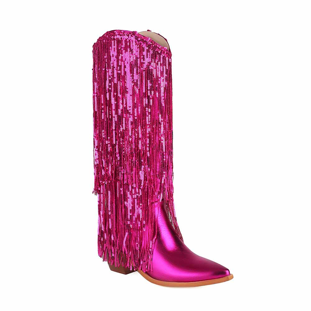 Metallic Boots Sexy Pointed Toe Block Heel with Sequin Tassels Knee Length Booties