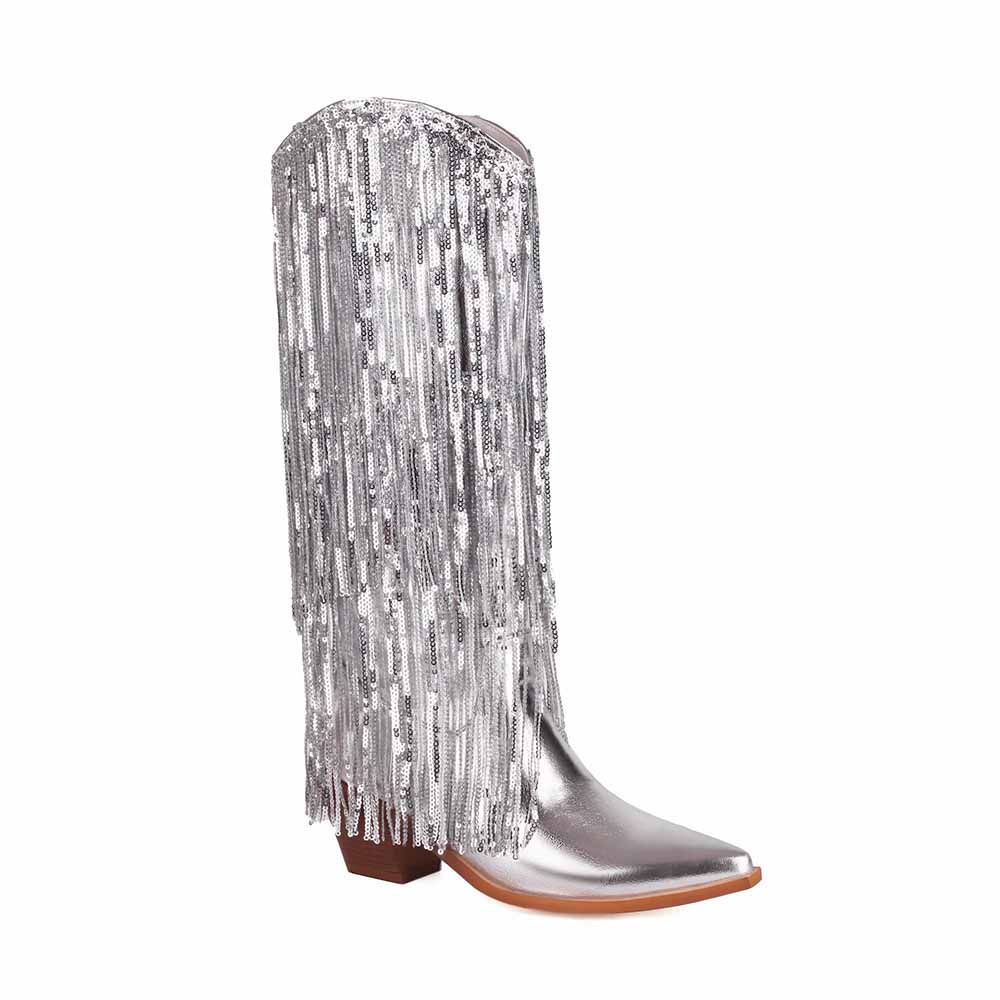 Metallic Boots Sexy Pointed Toe Block Heel with Sequin Tassels Knee Length Booties